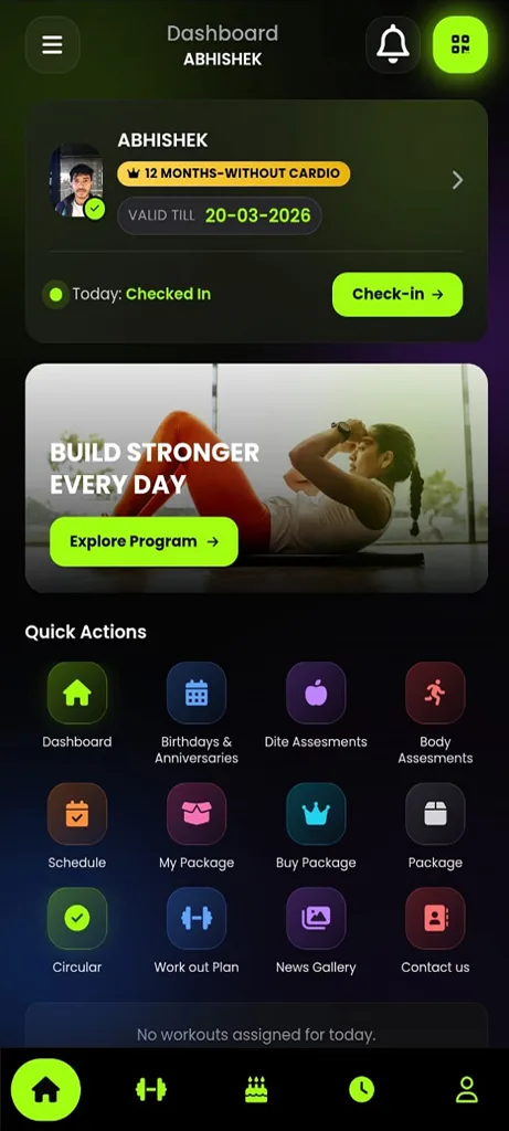Gym ERP Mobile App Member Screen